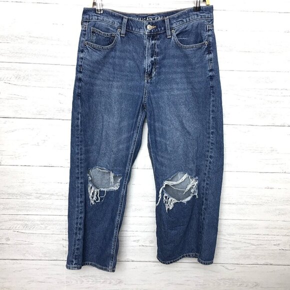 American Eagle '90s Wide Leg Crop Jeans Stretch Distressed size 8s length 23" - Picture 1 of 9